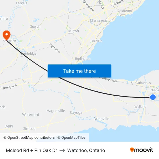 Mcleod Rd + Pin Oak Dr to Waterloo, Ontario map
