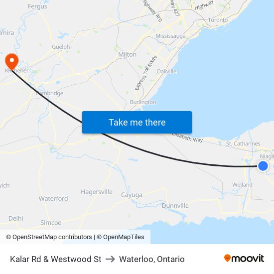 Kalar Rd & Westwood St to Waterloo, Ontario map