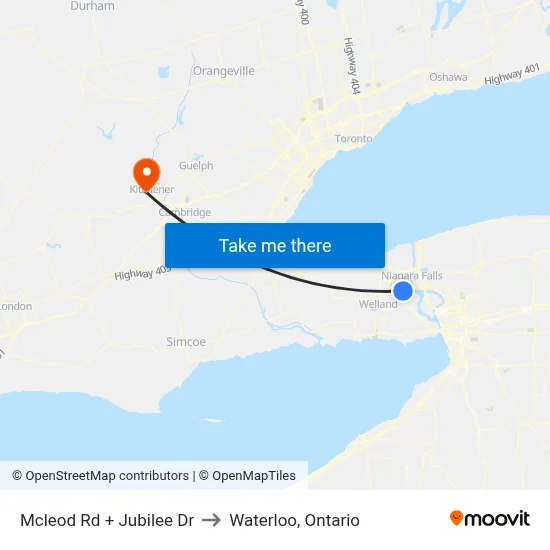 Mcleod Rd + Jubilee Dr to Waterloo, Ontario map