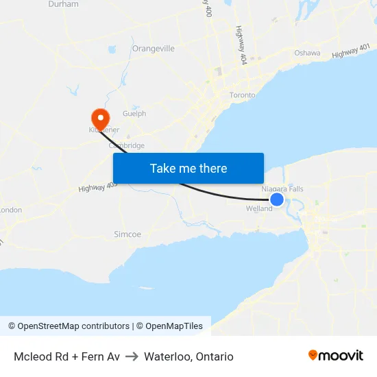 Mcleod Rd + Fern Av to Waterloo, Ontario map