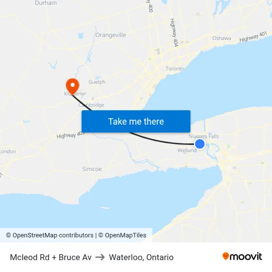 Mcleod Rd + Bruce Av to Waterloo, Ontario map