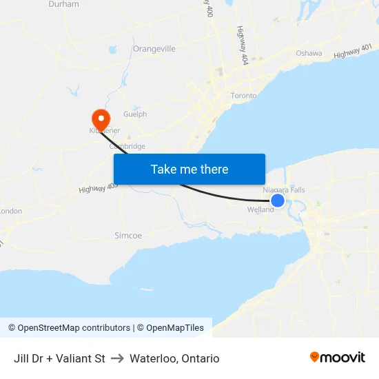 Jill Dr + Valiant St to Waterloo, Ontario map