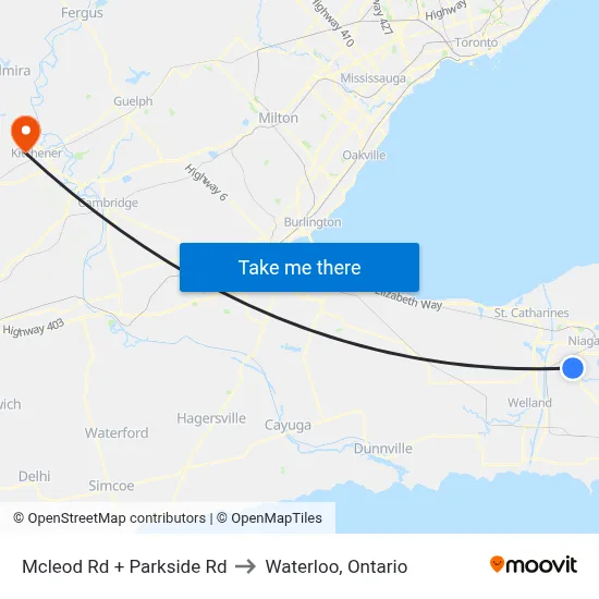 Mcleod Rd + Parkside Rd to Waterloo, Ontario map