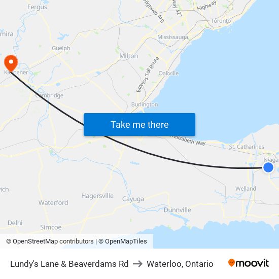 Lundy's Lane & Beaverdams Rd to Waterloo, Ontario map