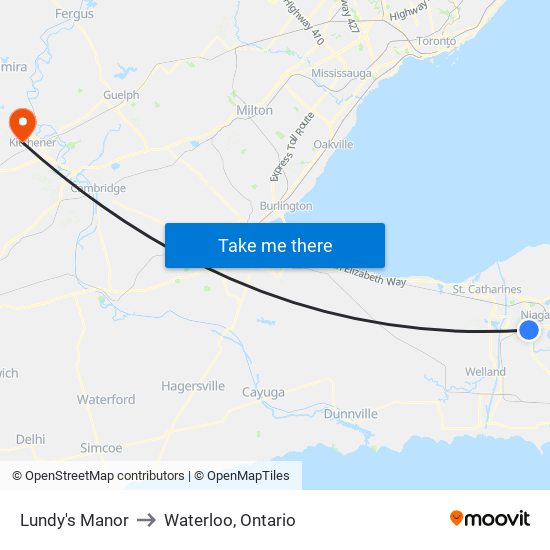 Lundy's Manor to Waterloo, Ontario map