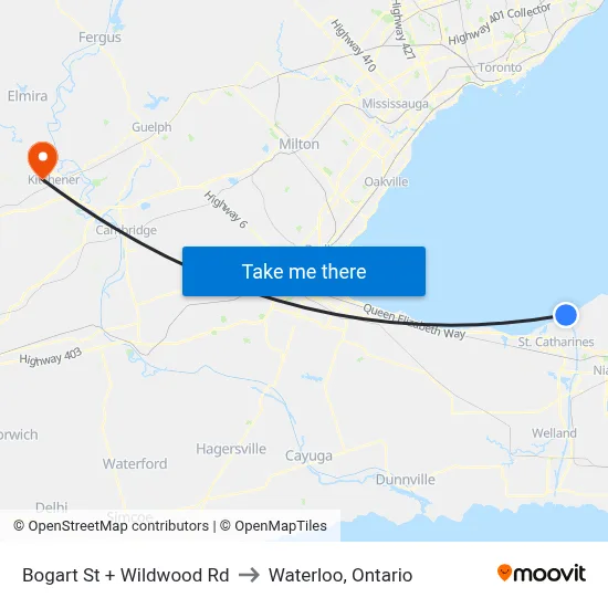 Bogart St + Wildwood Rd to Waterloo, Ontario map