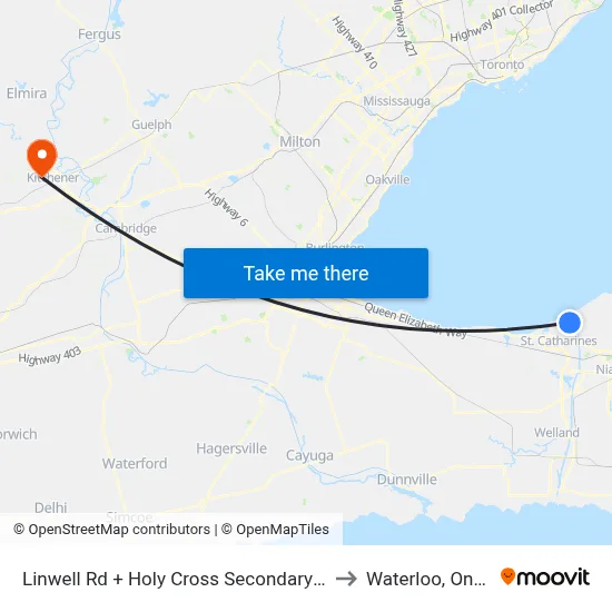 Linwell Rd + Holy Cross Secondary School to Waterloo, Ontario map