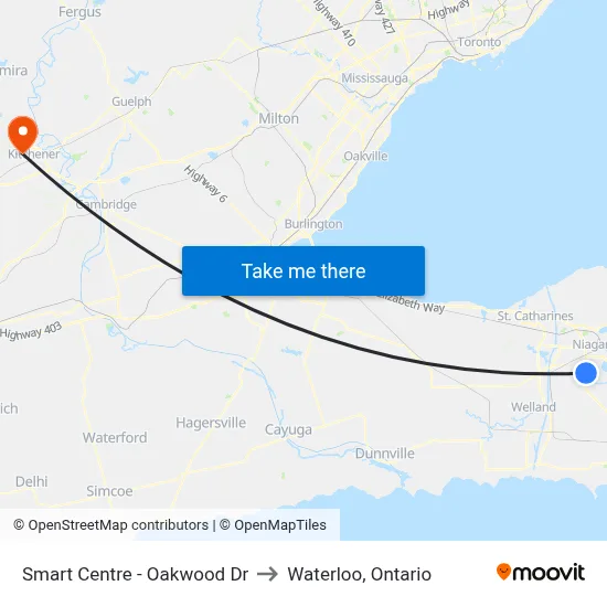 Smart Centre - Oakwood Dr to Waterloo, Ontario map