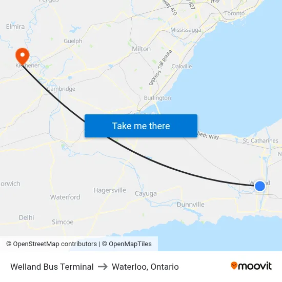 Welland Bus Terminal to Waterloo, Ontario map