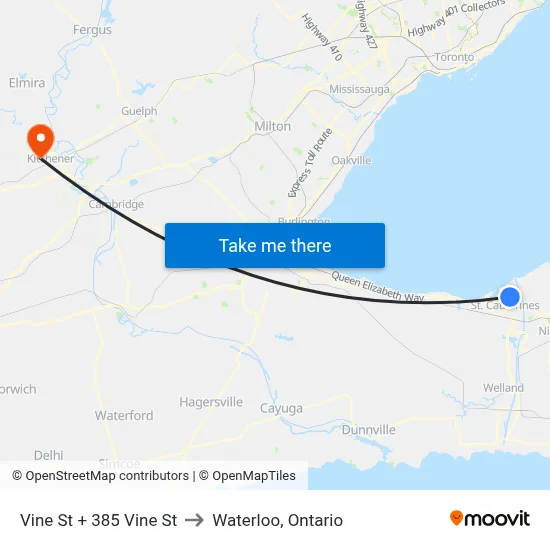 Vine St + 385 Vine St to Waterloo, Ontario map