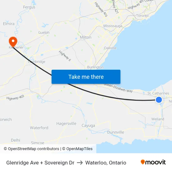 Glenridge Ave + Sovereign Dr to Waterloo, Ontario map