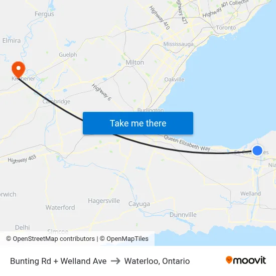 Bunting Rd + Welland Ave to Waterloo, Ontario map