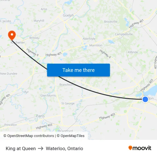 King at Queen to Waterloo, Ontario map