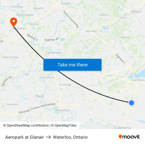 Aeropark at Glanair to Waterloo, Ontario map