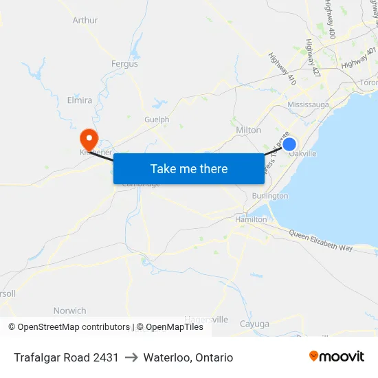 Trafalgar Road 2431 to Waterloo, Ontario map