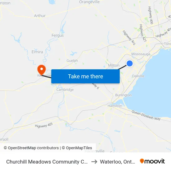 Churchill Meadows Community Centre to Waterloo, Ontario map