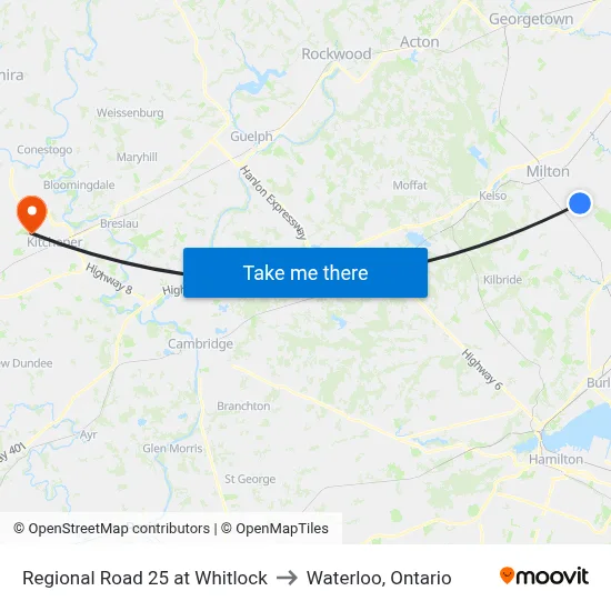 Regional Road 25 at Whitlock to Waterloo, Ontario map