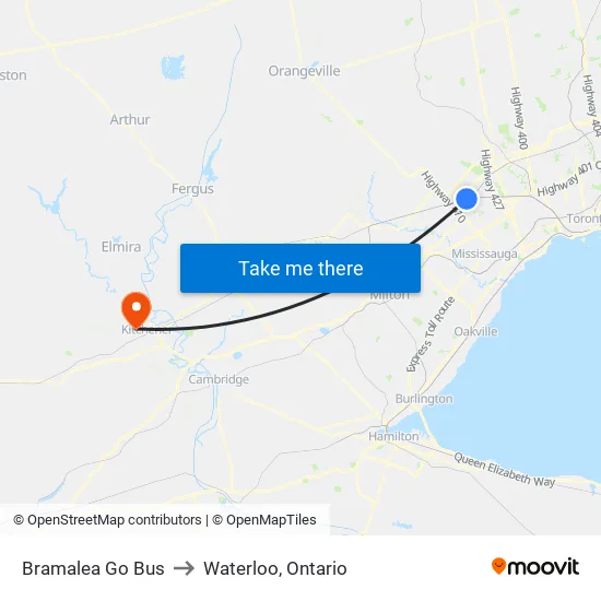 Bramalea Go Bus to Waterloo, Ontario map