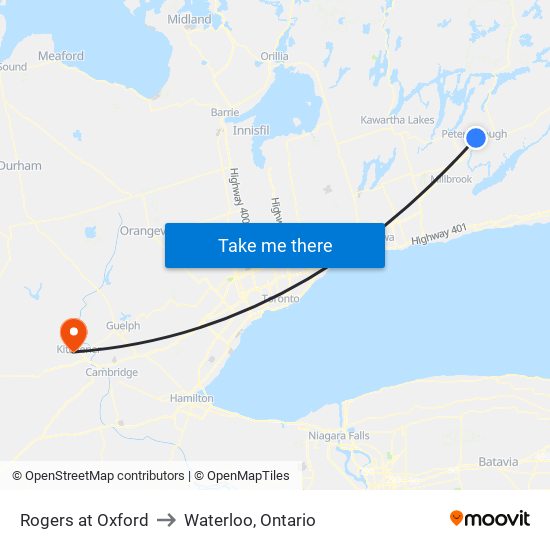 Rogers at Oxford to Waterloo, Ontario map