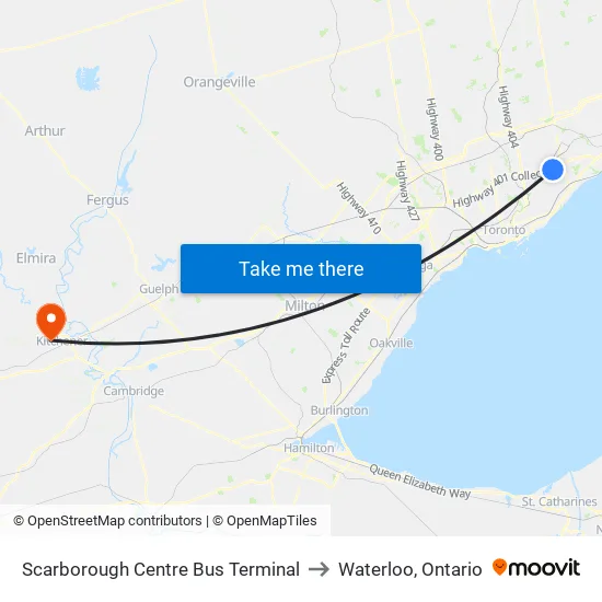 Scarborough Centre Bus Terminal to Waterloo, Ontario map