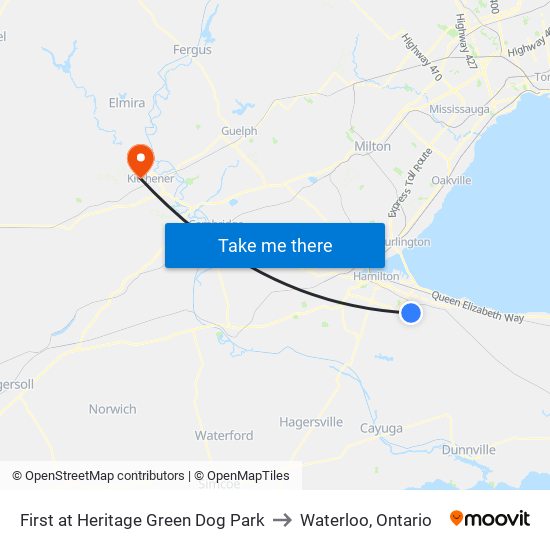 First at Heritage Green Dog Park to Waterloo, Ontario map