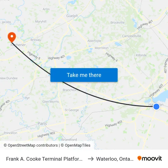 Frank A. Cooke Terminal Platform 6 to Waterloo, Ontario map