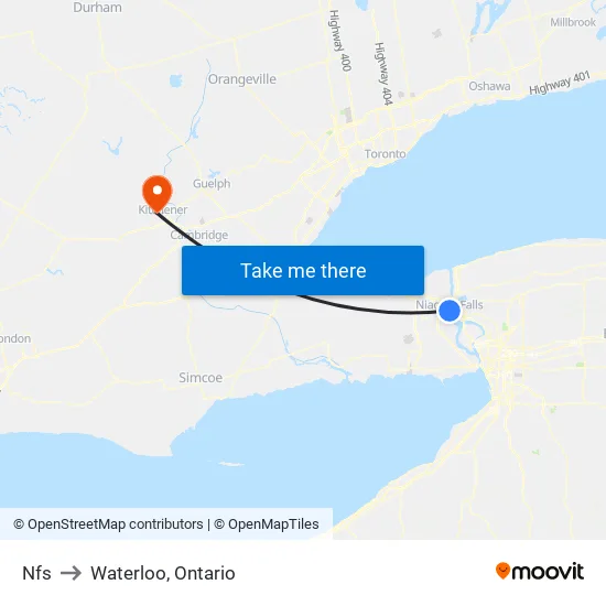 Niagara Falls to Waterloo, Ontario map