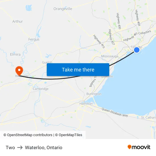 Toronto to Waterloo, Ontario map