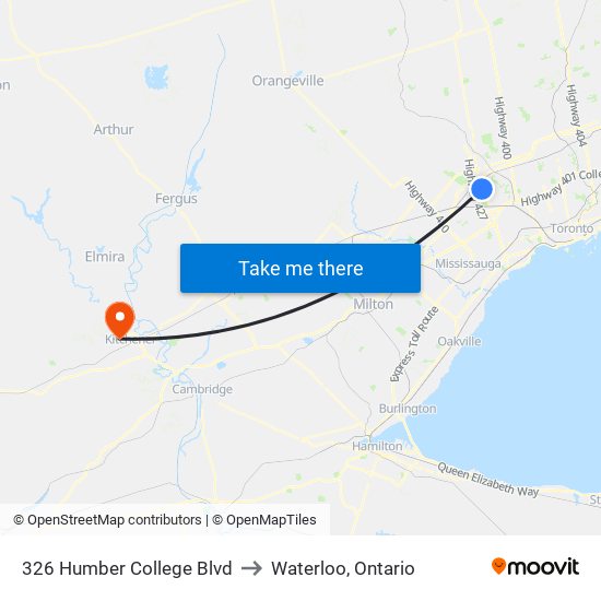 326 Humber College Blvd to Waterloo, Ontario map