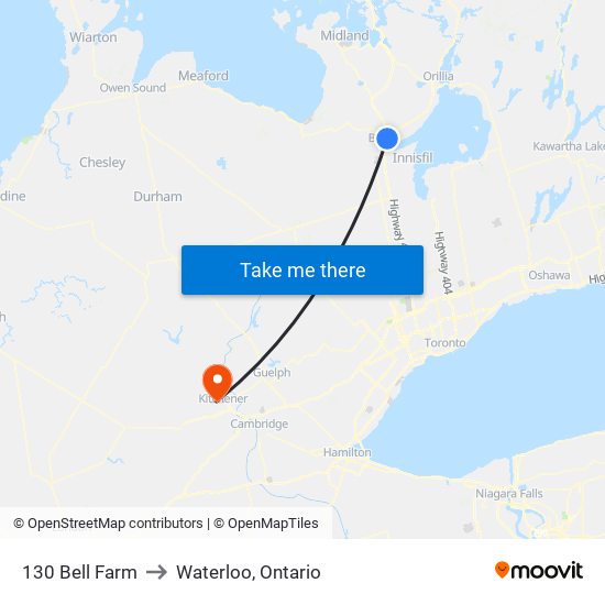 130 Bell Farm to Waterloo, Ontario map