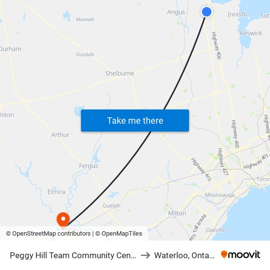 Peggy Hill Team Community Centre to Waterloo, Ontario map