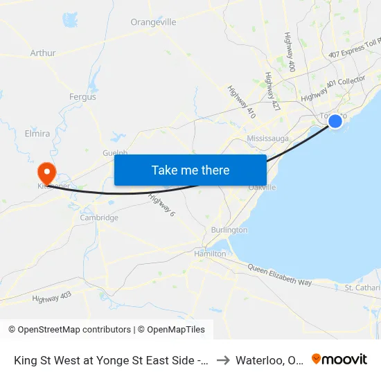 King St West at Yonge St East Side - King Station to Waterloo, Ontario map