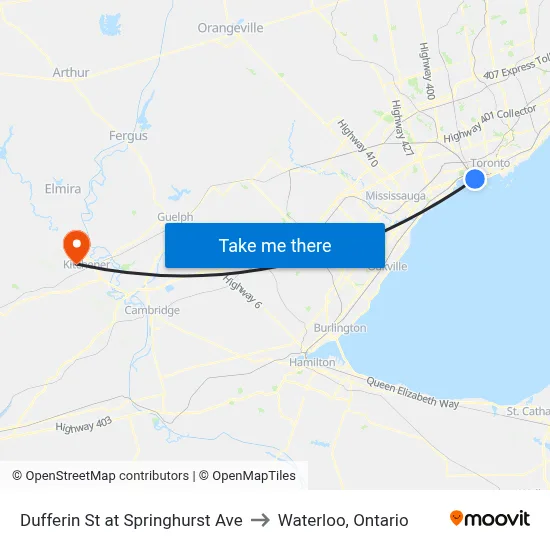 Dufferin St at Springhurst Ave to Waterloo, Ontario map