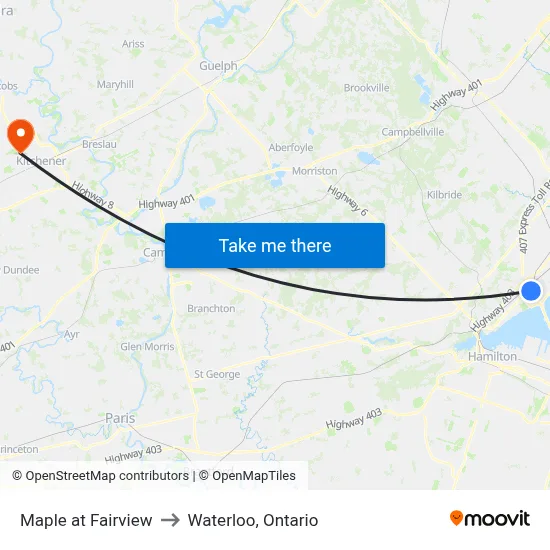 Maple at Fairview to Waterloo, Ontario map