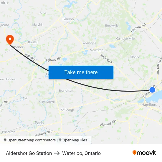 Aldershot Go Station to Waterloo, Ontario map