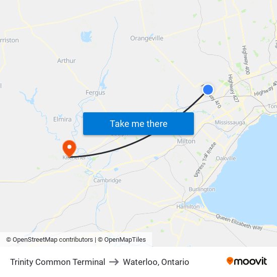 Trinity Common Terminal to Waterloo, Ontario map