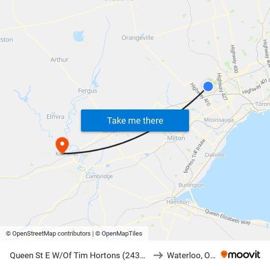 Queen St E W/Of Tim Hortons (2433 Queen St E) to Waterloo, Ontario map