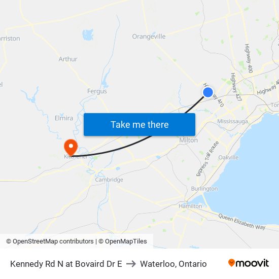 Kennedy Rd N at Bovaird Dr E to Waterloo, Ontario map