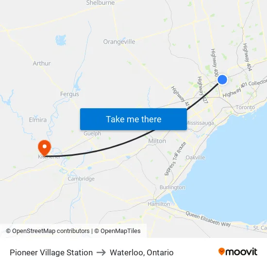 Pioneer Village Station to Waterloo, Ontario map