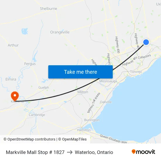 Markville Mall Stop # 1827 to Waterloo, Ontario map