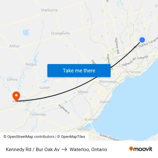 Kennedy Rd / Bur Oak Av to Waterloo, Ontario map