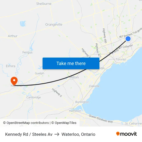 Kennedy Rd / Steeles Av to Waterloo, Ontario map