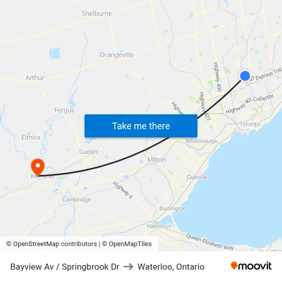 Bayview Av / Springbrook Dr to Waterloo, Ontario map