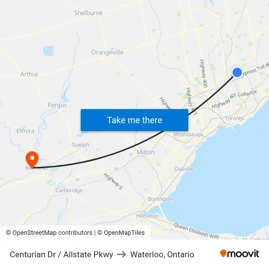 Centurian Dr / Allstate Pkwy to Waterloo, Ontario map