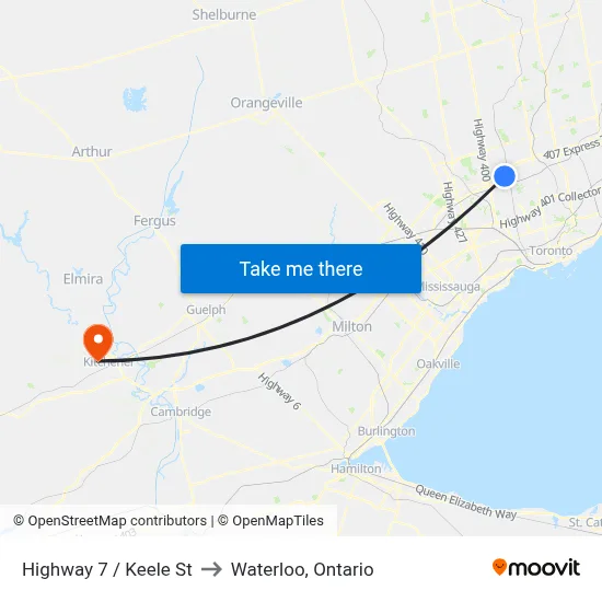 Highway 7 / Keele St to Waterloo, Ontario map