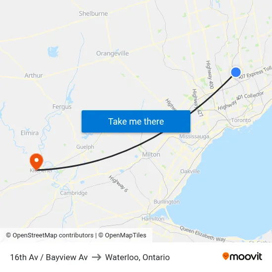 16th Av / Bayview Av to Waterloo, Ontario map