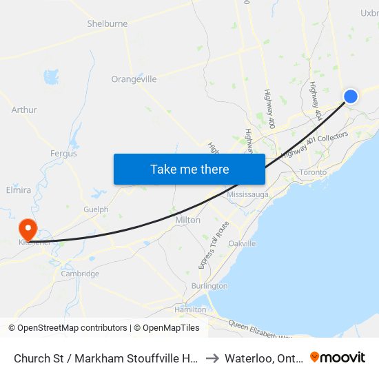 Church St / Markham Stouffville Hospital to Waterloo, Ontario map