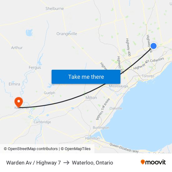 Warden Av / Highway 7 to Waterloo, Ontario map