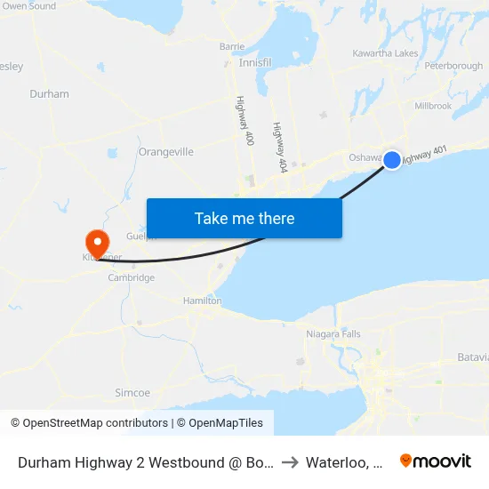 Durham Highway 2 Westbound @ Bowmanville Ave to Waterloo, Ontario map
