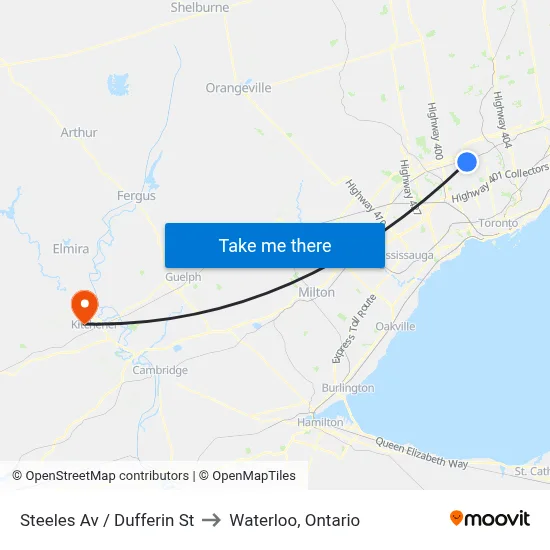 Steeles Av / Dufferin St to Waterloo, Ontario map